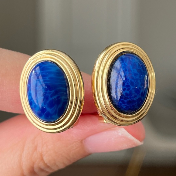 Vintage Christian Dior Oval Lapis Blue Poured Glass Cabochon Gold Clip Earrings - Picture 1 of 12